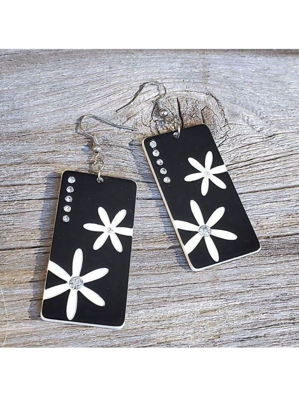 Vintage Y2K White Black Lucite Austrian Crystal Rectangle Flower Earrings